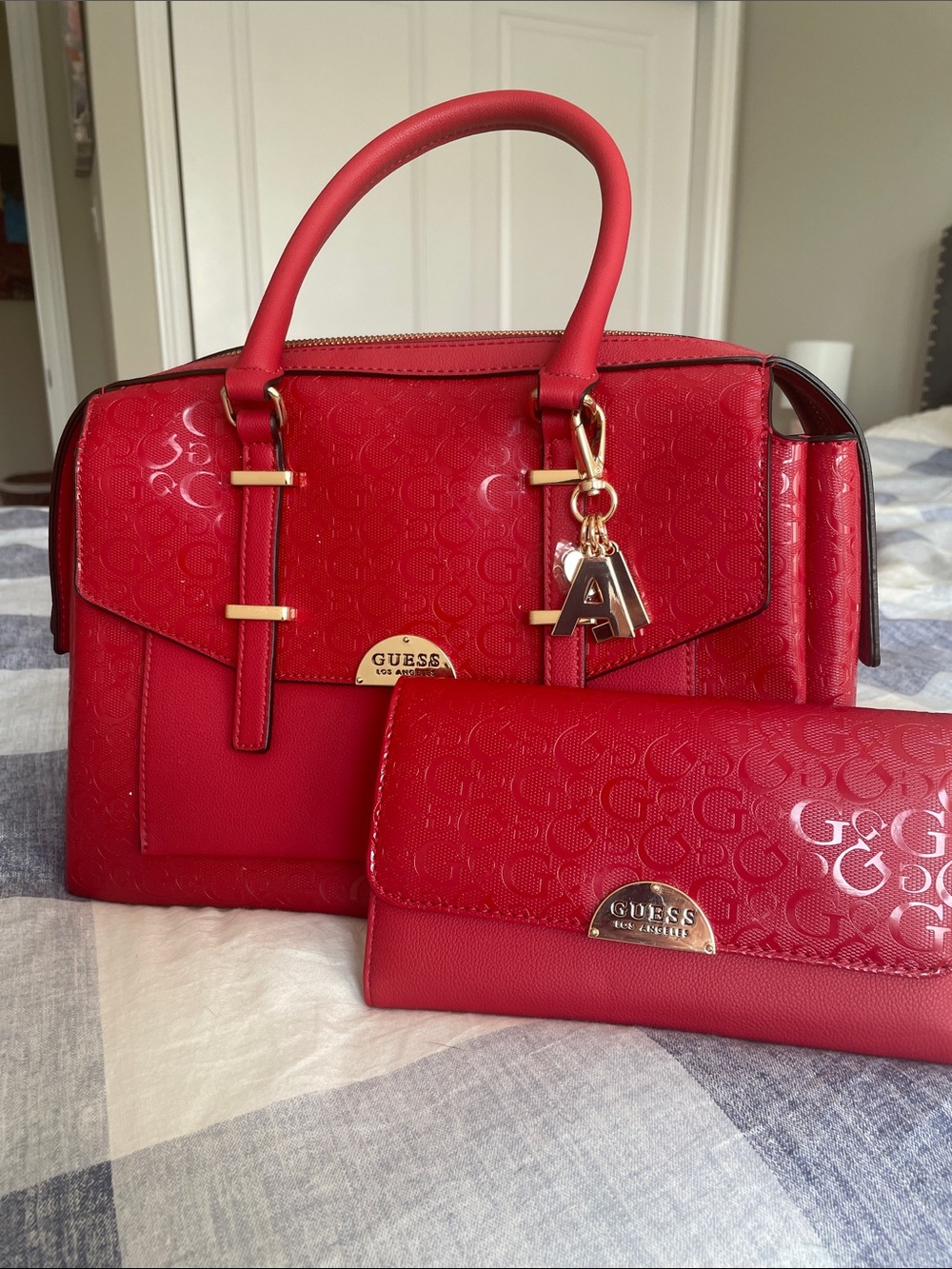 GUESS Red Patent Logo-Embossed Satchel with Matching Wallet